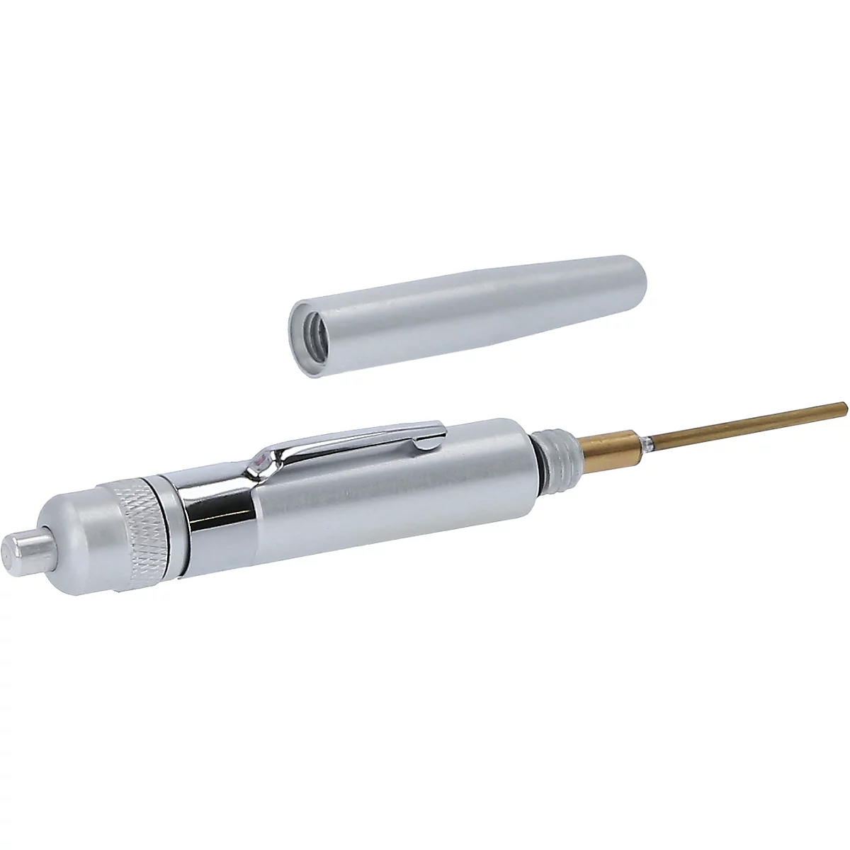 Ein silbernes Reifendruckprüfgerät mit abgenommener Kappe und einem Messstab.